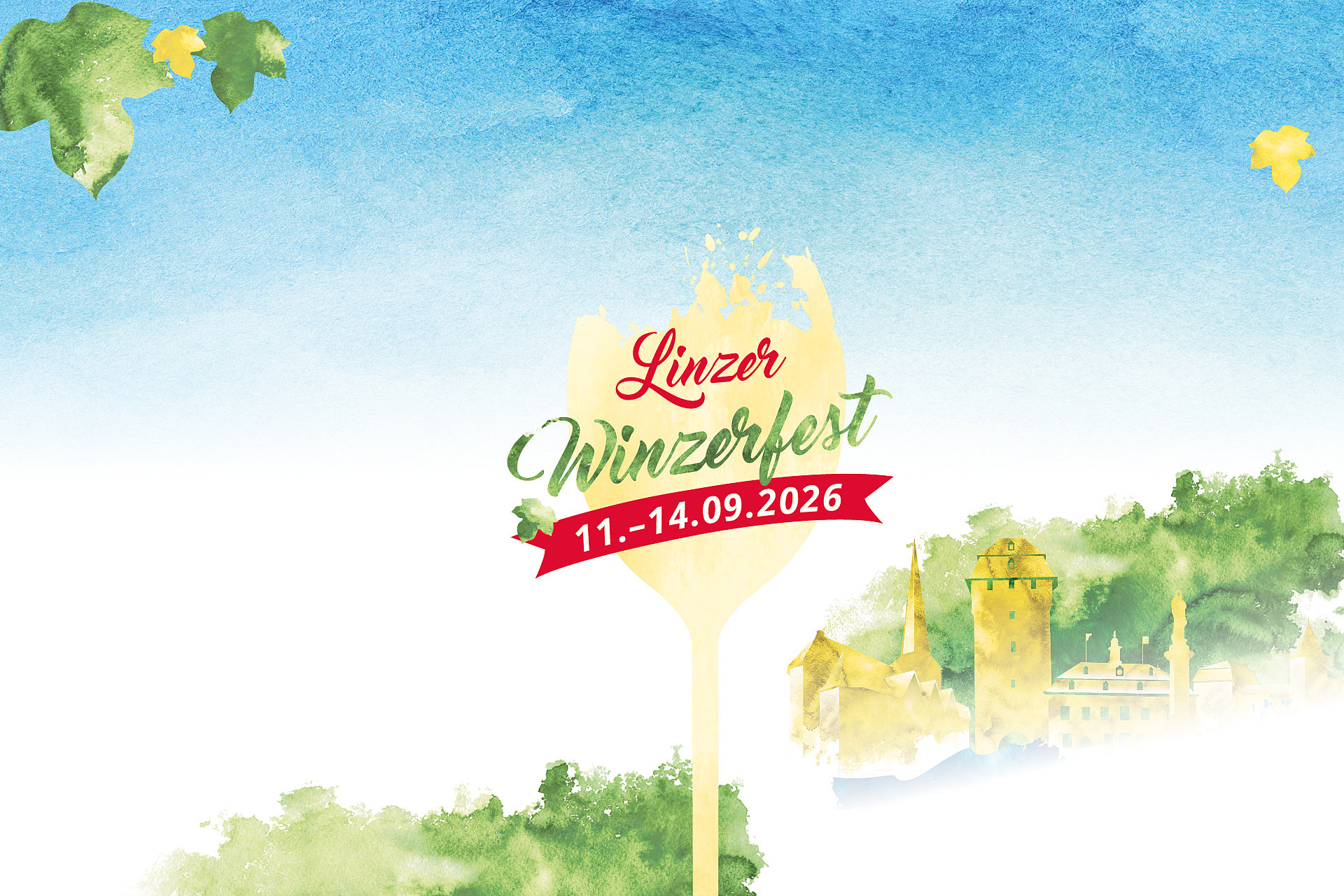 Motiv Linzer Winzerfest, Weinglas, Stadtsilhouette als Aquarell